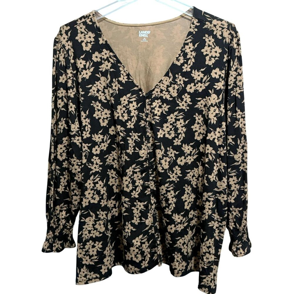 Lands' End Womens V-Neck Button Front Black Tan Floral LS Flowy Top 3X 24-26W